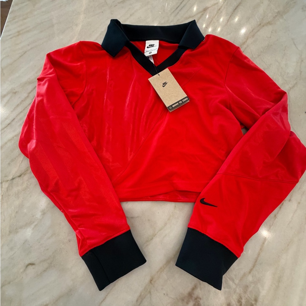 Nike Cropped Long Sleeve Polo Top Red Black Tennis Golf NWT Size M